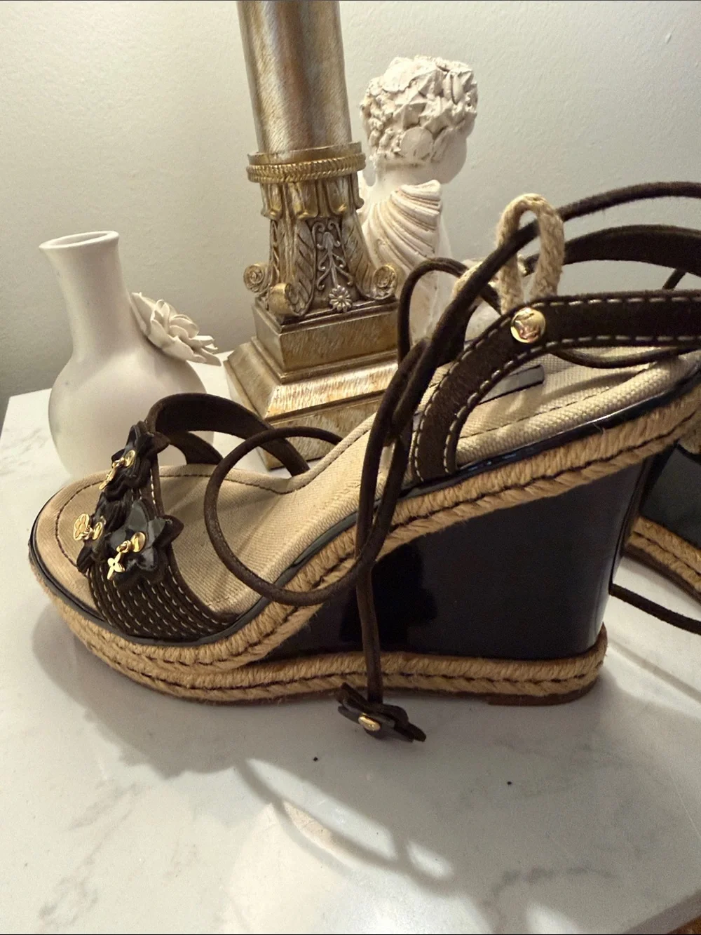 Women's Brown Espadrille Wedge Sandals with Floral Charms - Picture 3 of 8
